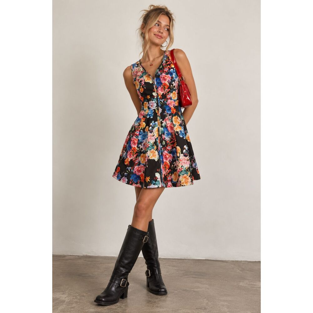 Betsey Johnson Black Multicolor Floral Y2k Fit & Flare Dress Women's Size 8